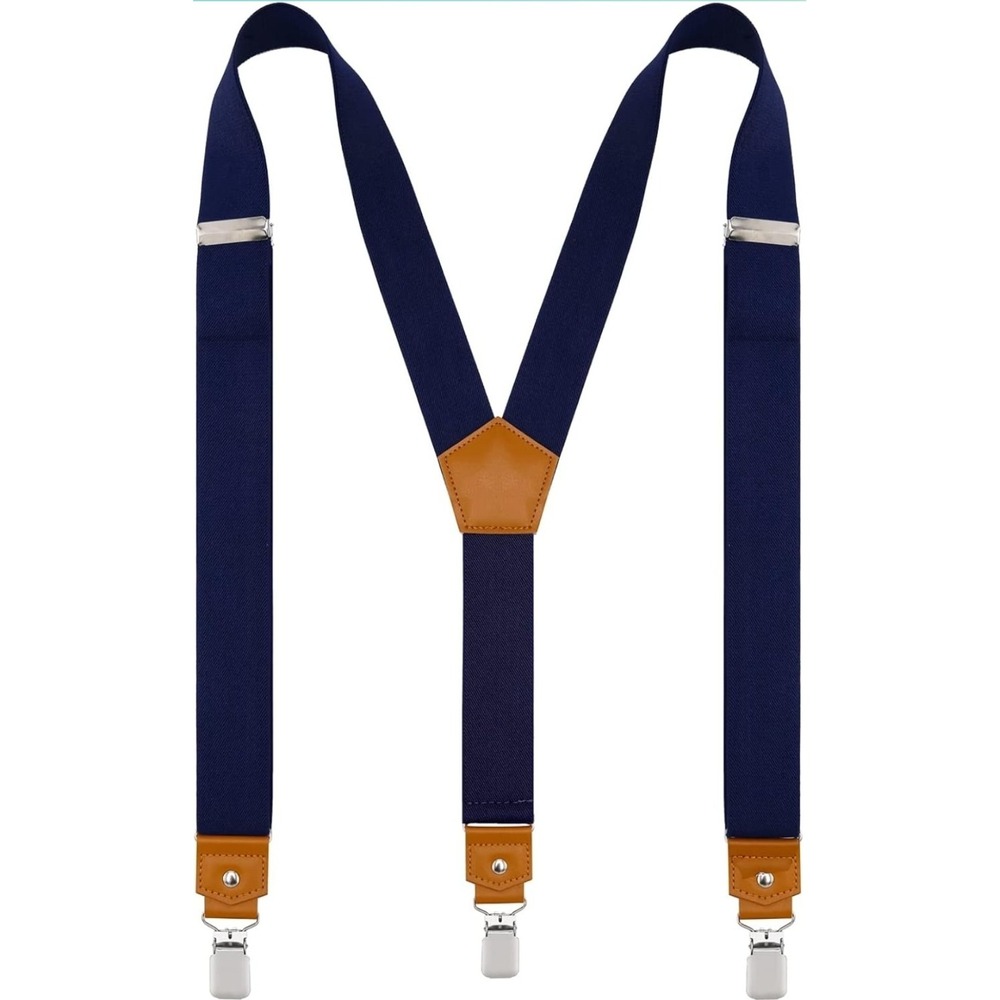 Men's Suspenders Navy Blue Y-Back with Brown Leather Trim & Silver Clips New